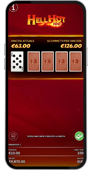 Hell Hot 100 schermata Gamble Feature con quattro carte coperte e vincita attuale di sessantatre euro